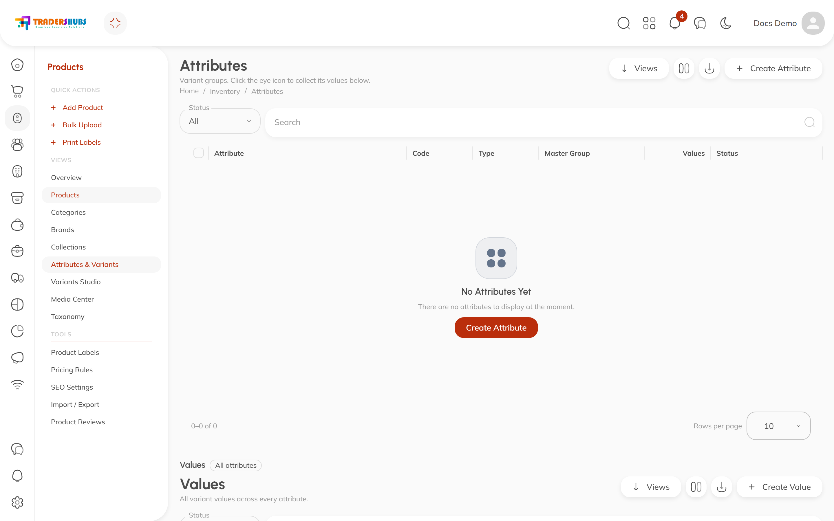 The Attributes page — attribute groups on top, values below