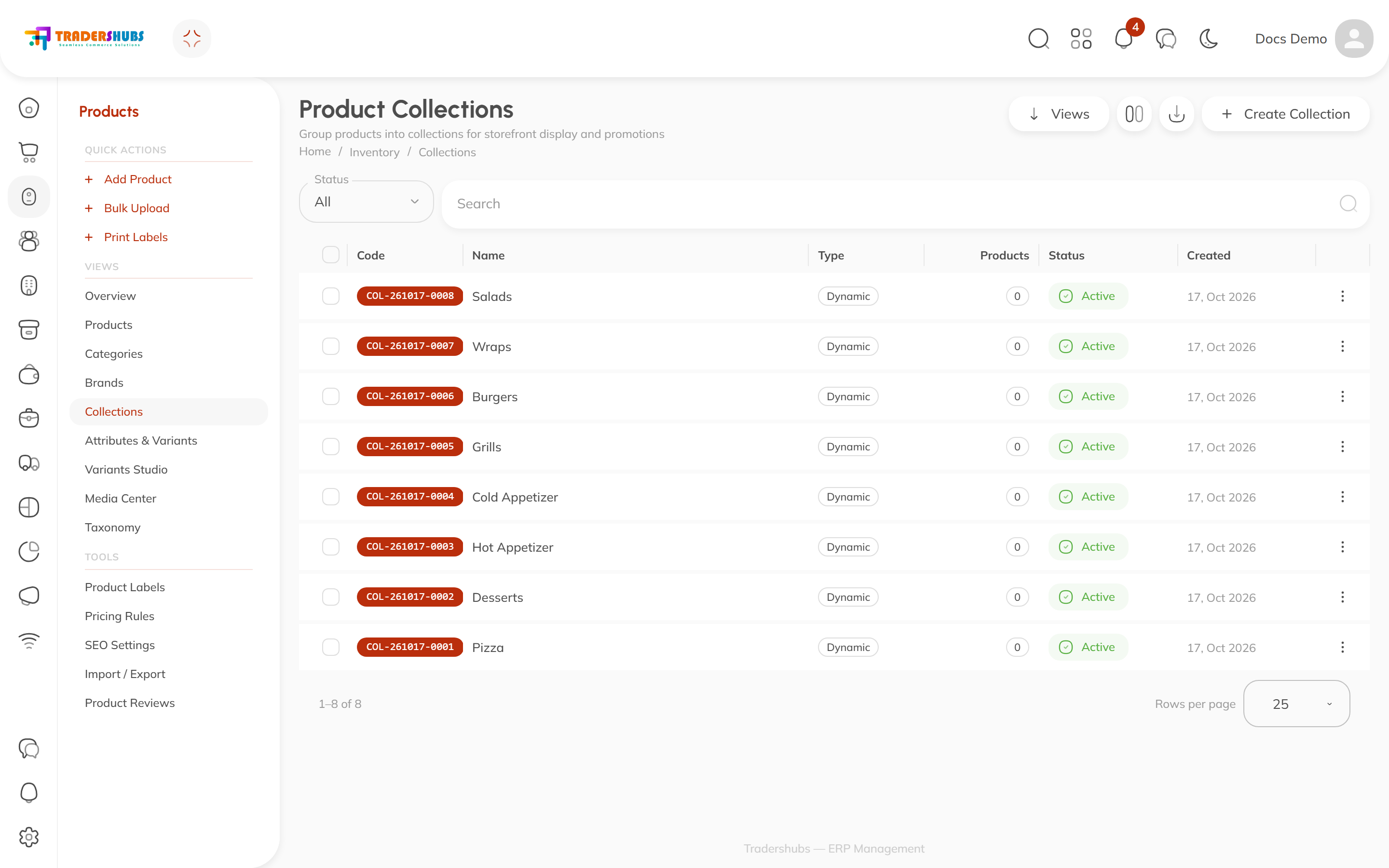 The Collections table — type, product count, and status per collection