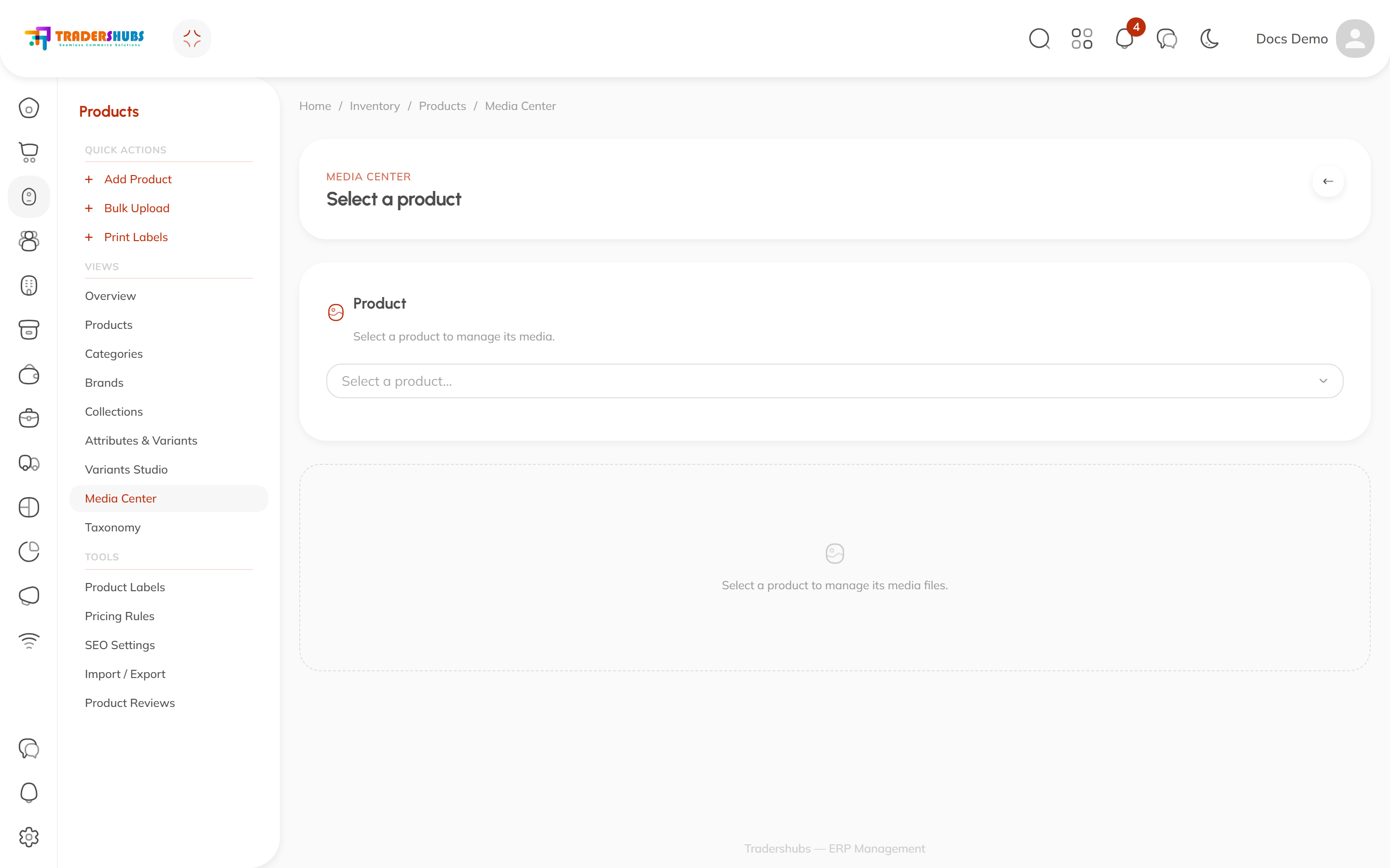 Media Center — select a product to manage its media