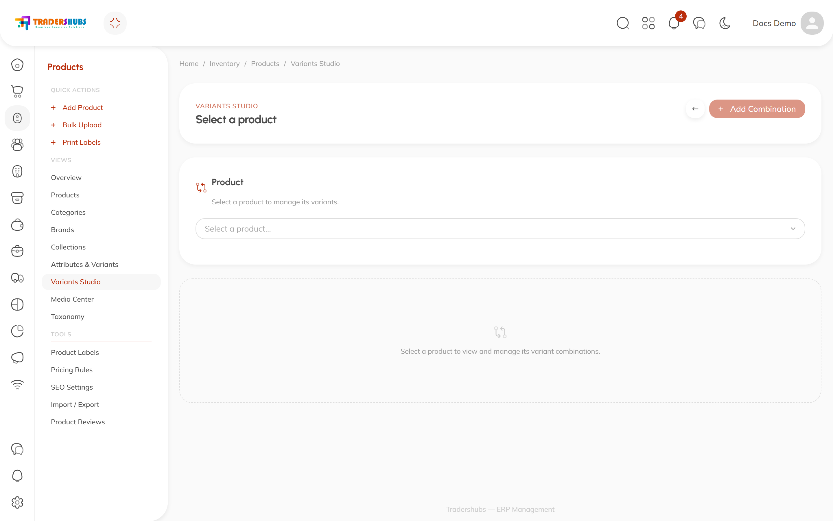 Variants Studio — pick a product, then manage its combinations