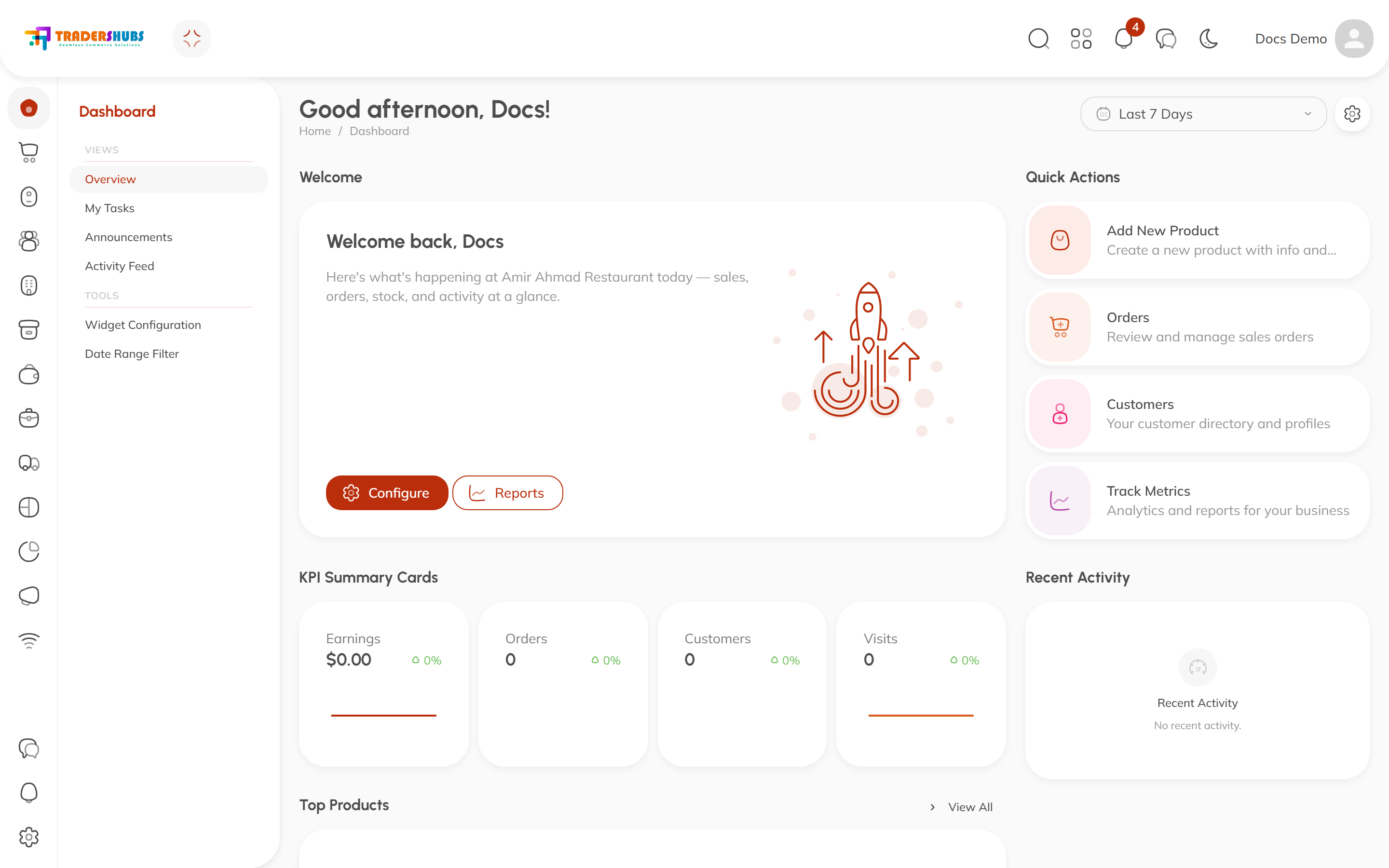 The dashboard home — sidebar navigation, quick actions, and KPI cards