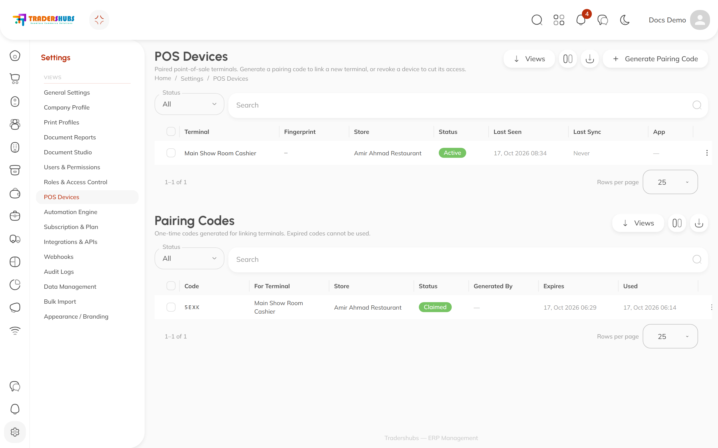 The POS Devices page — paired terminals on top, pairing codes below